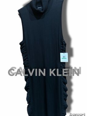 Calvin Klein Black sleeveless ruched-side turtleneck tunic